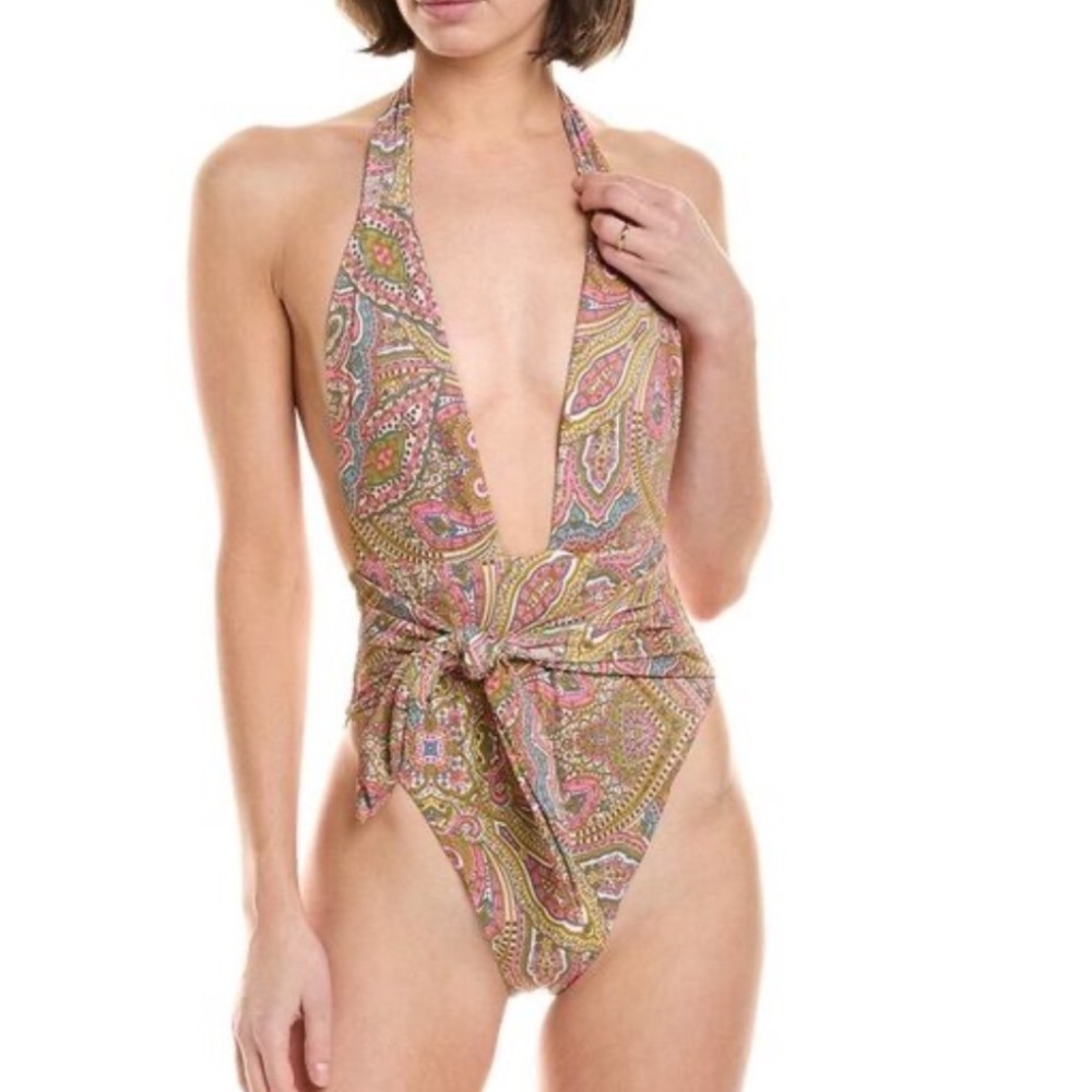 Montce Swim Paisley Deep Plunge Halter One Piece Swimsuit Pink Green Gold Medium